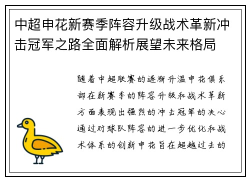 中超申花新赛季阵容升级战术革新冲击冠军之路全面解析展望未来格局